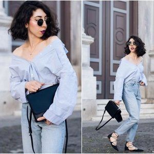 Zara Blue Off Shoulder Wrap Top Crossover Tie Waist Blouse Long Sleeve XS S Med